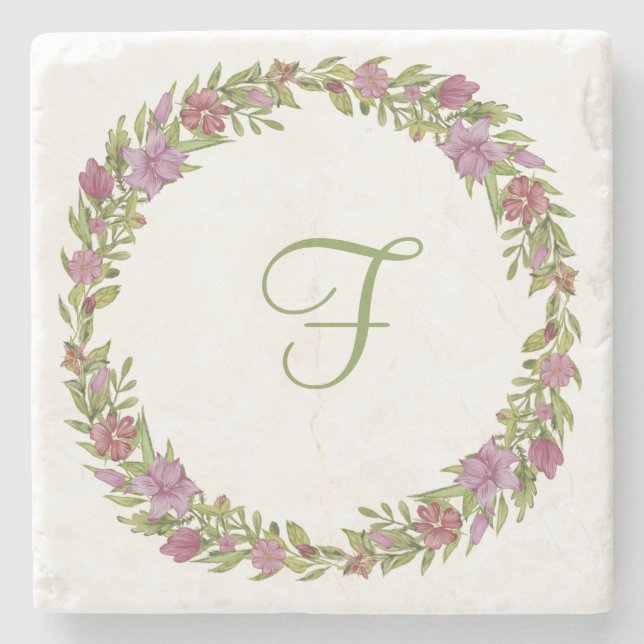Dessous-de-verre En Pierre Rose violet vert monogramme Floral initial (Devant)