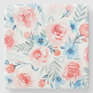 Dessous-de-verre En Pierre Roses Roses Roses Bleues Fleurs Aquarelle Motif Fl