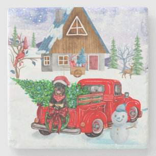 Dessous-de-verre En Pierre Rottweiler Chien en livraison Noël Camion Neige