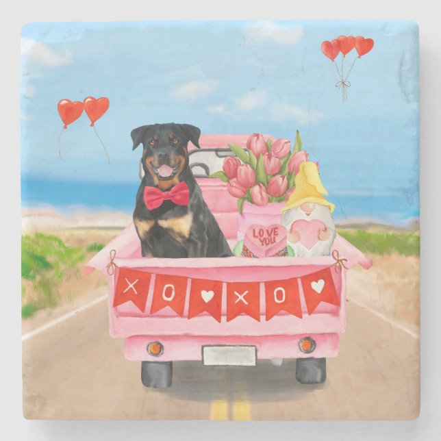 Dessous-de-verre En Pierre Rottweiler Chien Saint Valentin Coeurs de Camion (Devant)