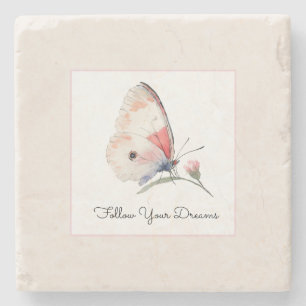 Dessous-de-verre En Pierre Rouge Pêche Floral Papillon Suivez Vos Rêves