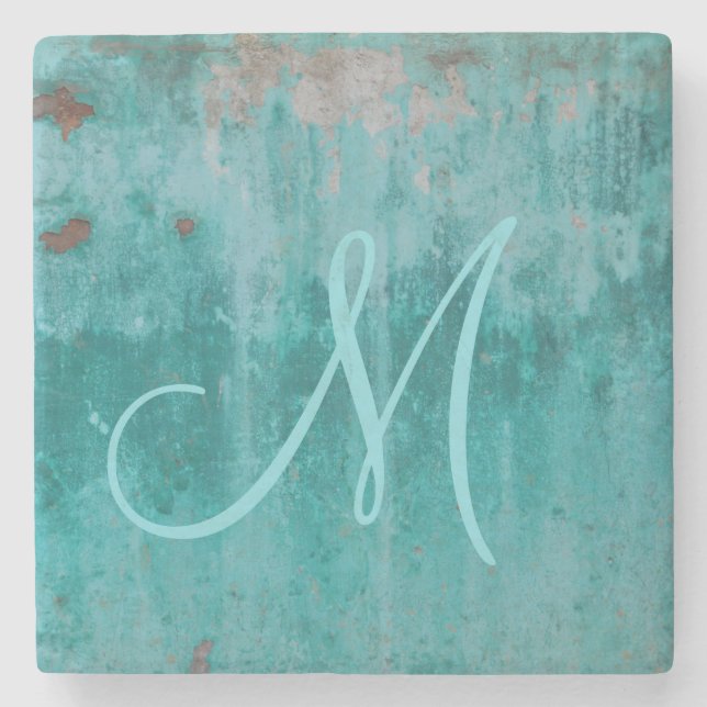 Dessous-de-verre En Pierre Rouille Turquoise | Monogramme (Devant)