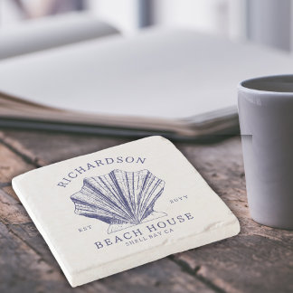 Dessous-de-verre En Pierre Rustic Beach House Nom de famille Nautique | Bleu