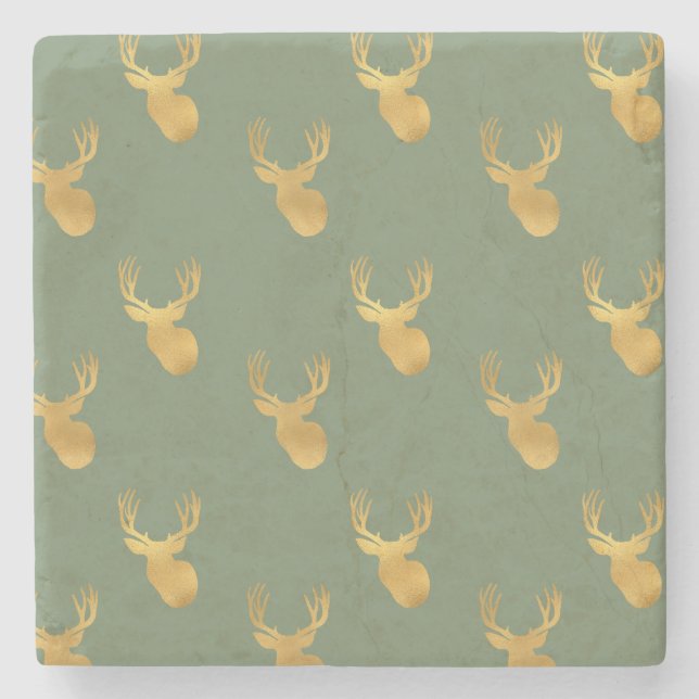 Dessous-de-verre En Pierre Rustic Olive Green Gold Deer Christmas (Devant)