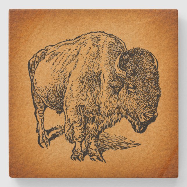 Dessous-de-verre En Pierre Rustic Western Wild Buffalo Bison Antique (Devant)