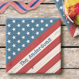 Dessous-de-verre En Pierre Rustic Wood Stars Stripes USA Drapeau Nom Patrioti