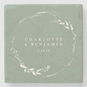 Dessous-de-verre En Pierre Sage Green Floral Wreath Monogramme personnalisé
