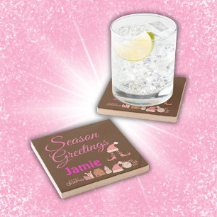 Dessous-de-verre En Pierre Salutations de saison - Rose sur le nom Brown Mono