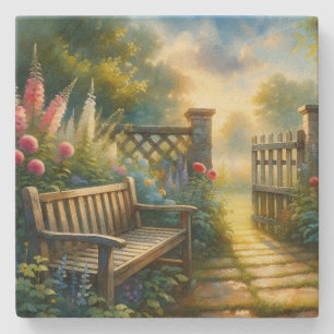 Dessous-de-verre En Pierre Scène de porte de jardin ensoleillé