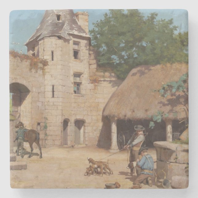 Dessous-de-verre En Pierre Se préparer à la chasse (scène médiévale) (Devant)