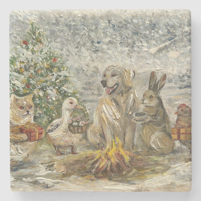 Dessous-de-verre En Pierre Shared Warmth Whimsical Farmhouse Animals Campfire (Devant)