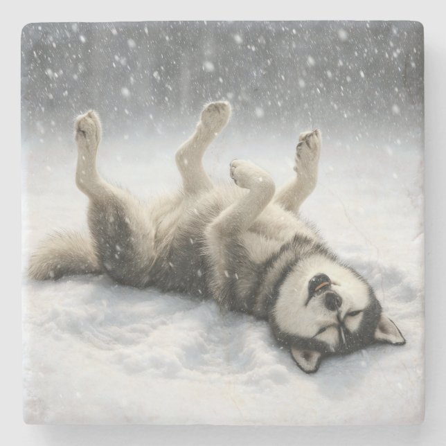 Dessous-de-verre En Pierre Siberian Huskey Creating a Snow Angel (Devant)