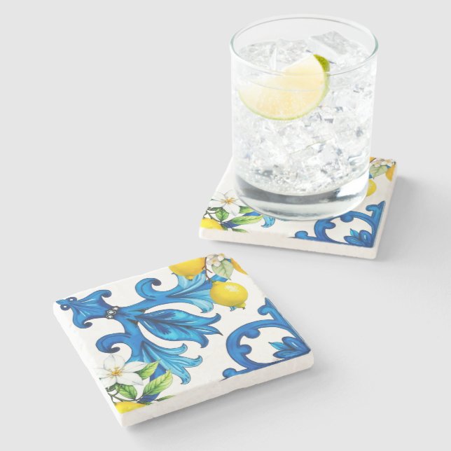 Dessous-de-verre En Pierre sicilien, été, citron, mosaïque, bleu (Côté)