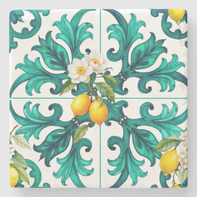Dessous-de-verre En Pierre sicilien, été, citron, mosaïque, vert, (Devant)
