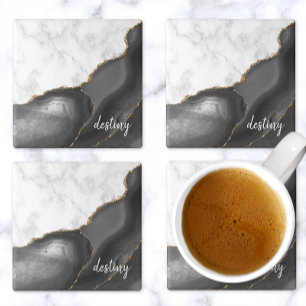 Dessous-de-verre En Pierre Signature Marbre Blanc Agate Noire Paillettes Doré