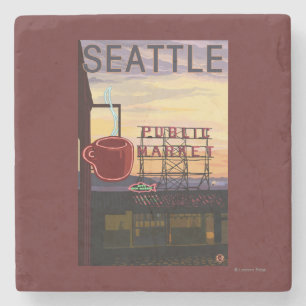 Dessous-de-verre En Pierre Signe du marché d'endroit de SeattlePike et vue d