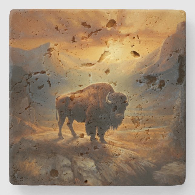 Dessous-de-verre En Pierre Silhouette du coucher de soleil de bison de buffle (Devant)