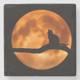 Dessous-de-verre En Pierre Silhouette d'un chat noir dans un arbre