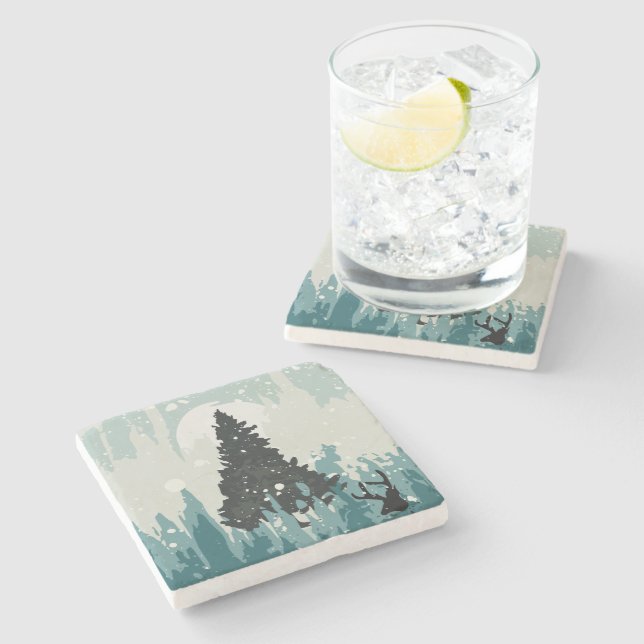 Dessous-de-verre En Pierre Silhouette Reindeer dans les Bois (Côté)