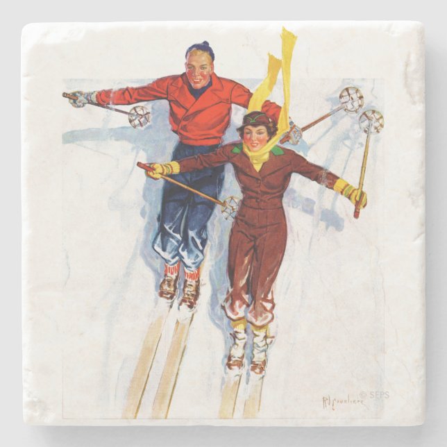 Dessous-de-verre En Pierre Ski de descente en couple (Devant)