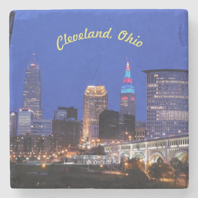 Dessous-de-verre En Pierre Skyline de nuit Cleveland (Devant)