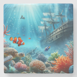 Dessous-de-verre En Pierre Sous la mer, tortue, corail, bateau, poisson clown