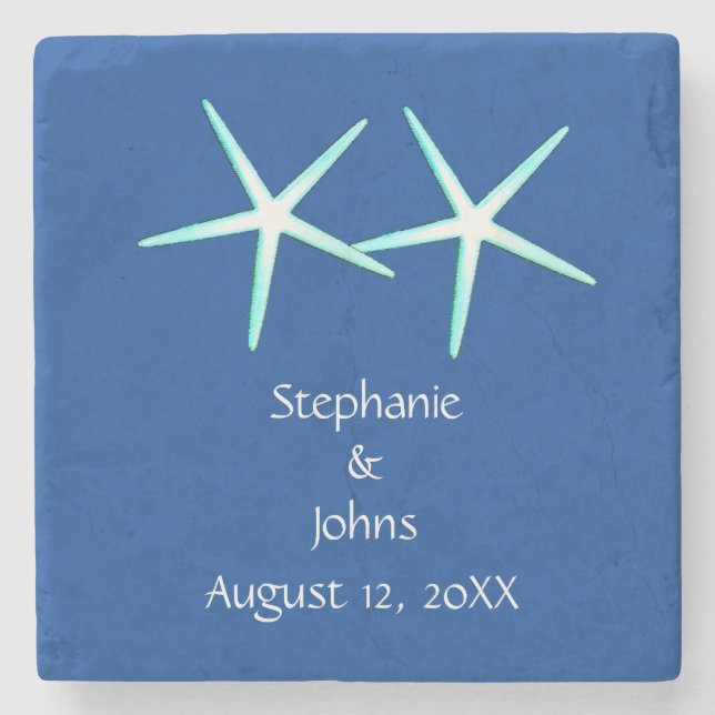 Dessous-de-verre En Pierre Starfish Cute Couple Bleu Blanc Mariages nautiques (Devant)