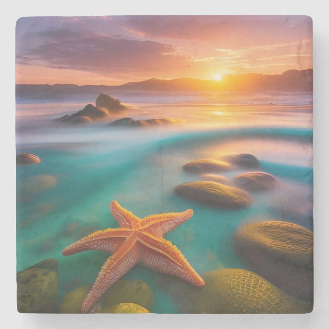 Dessous-de-verre En Pierre Starfish sur la plage à Dawn (Devant)