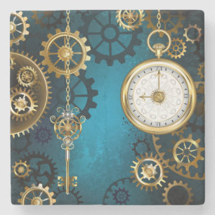 Dessous-de-verre En Pierre Steampunk Arrière - plan turquoise avec Gears