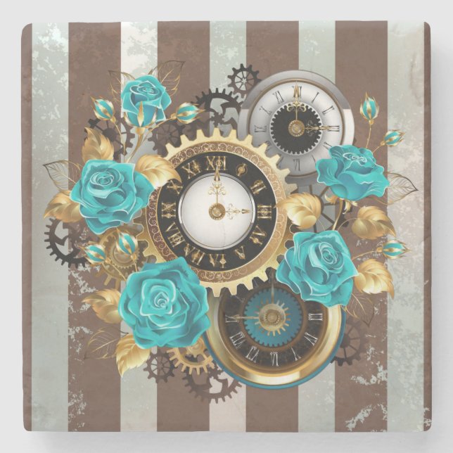 Dessous-de-verre En Pierre Steampunk Clock and Turquoise Roses on Striped (Devant)