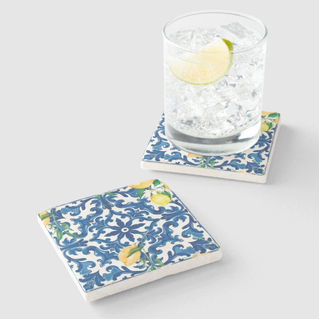 Dessous-de-verre En Pierre style italien, méditerranéen, mosaïque, bleu, (Côté)