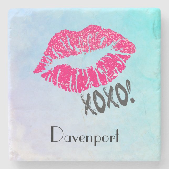 Dessous-de-verre En Pierre Stylish Rose Kissy Lips avec xoxo! Personnalisé (Devant)