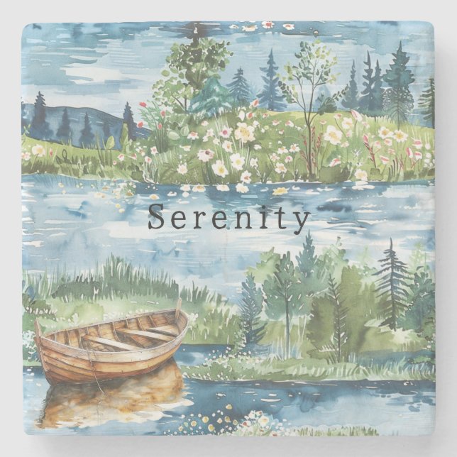 Dessous-de-verre En Pierre Summer Lake Boat Flowers Serenity (Devant)