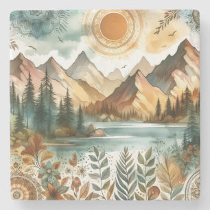 Dessous-de-verre En Pierre Sunny Rustique Boho Nature Motif Mountain Lake
