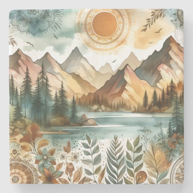 Dessous-de-verre En Pierre Sunny Rustique Boho Nature Motif Mountain Lake (Devant)