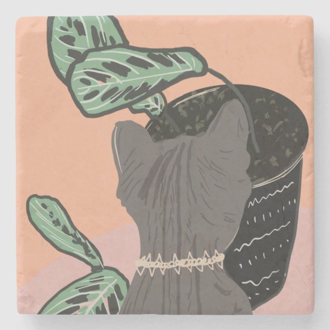 Dessous-de-verre En Pierre Tabby Cat Gris Plante Deux Tons (Devant)