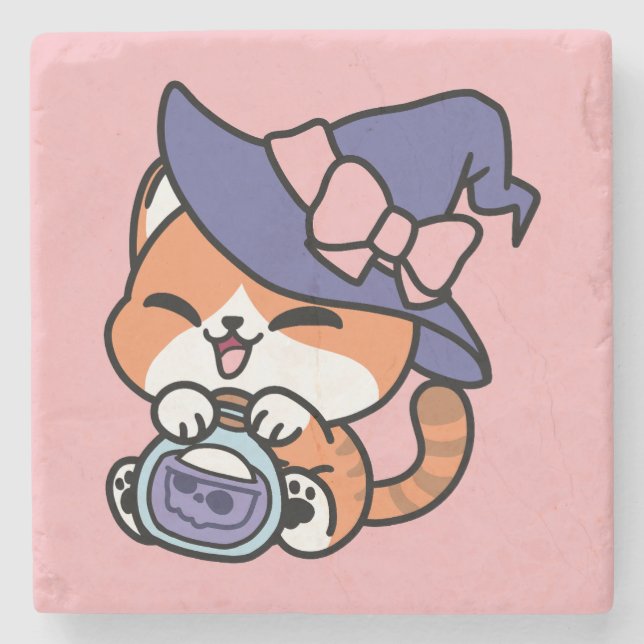 Dessous-de-verre En Pierre Tabby Witch Brew – Cute Halloween Cat Design (Devant)