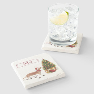 Dessous-de-verre En Pierre Tan Dachshund Funny Chien de Noël avec arbre