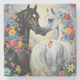 Dessous-de-verre En Pierre Tapis de souris Cheval encadré dans des fleurs