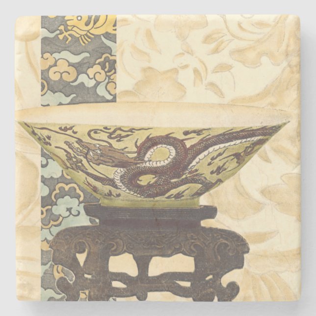 Dessous-de-verre En Pierre Tapisserie asiatique avec bol et design dragon (Devant)