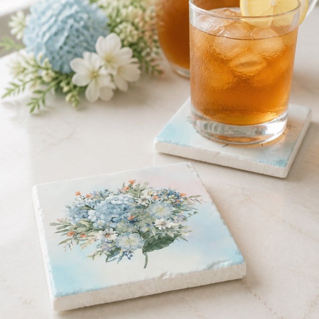 Dessous-de-verre En Pierre Tapisserie Carrée en Aquarelle Hydrangea Bleu (Créateur téléchargé)