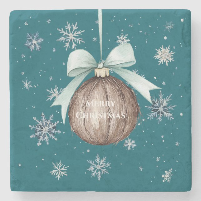 Dessous-de-verre En Pierre Teal Blue Snowflakes Christmas Coconut Bow (Devant)