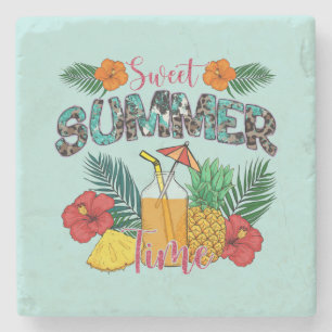 Dessous-de-verre En Pierre Temps d'été doux   Fruits tropicaux et fleurs