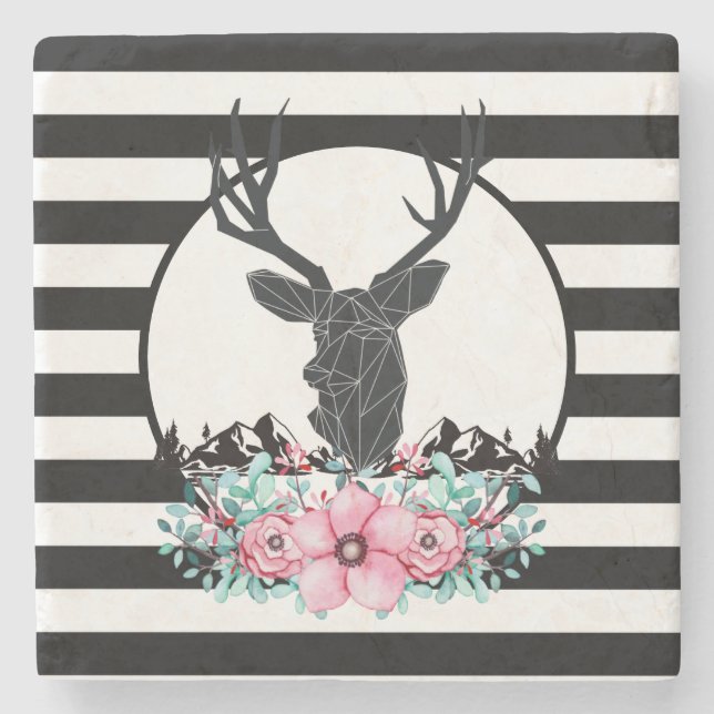 Dessous-de-verre En Pierre Tête de cerf noir avec Fleurs et Montagnes roses (Devant)