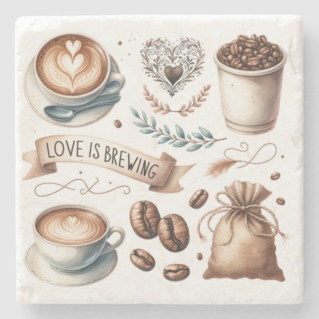 Dessous-de-verre En Pierre Thème des Amoureux du Café, Latte Illustré (Devant)