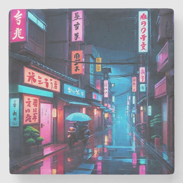 Dessous-de-verre En Pierre Tokyo Street At Night LoFi Art (Devant)