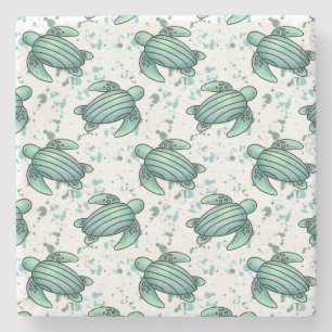 Dessous-de-verre En Pierre tortue de mer aquarelle verte motif bleu animal