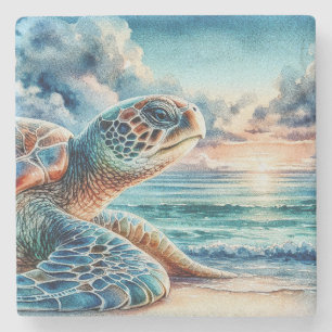 Dessous-de-verre En Pierre Tortue de mer verte à l'aquarelle sur une plage de