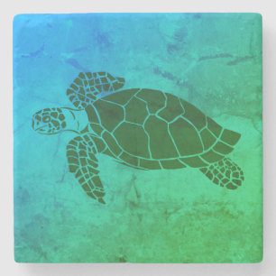 Dessous-de-verre En Pierre Tortue marine 2 sur Arrière - plan bleu et vert