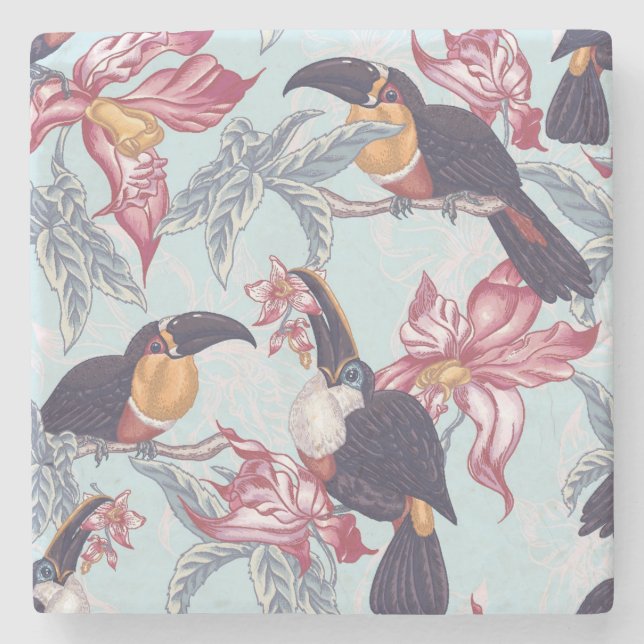 Dessous-de-verre En Pierre Toucans avec les fleurs exotiques (Devant)